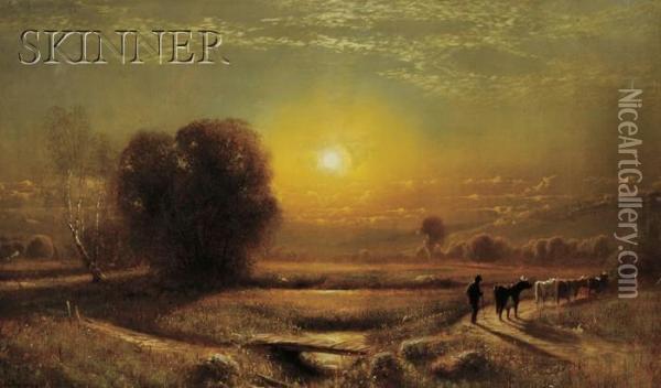 Sunset Landscape With Cows And Herder Oil Painting - James Fairman