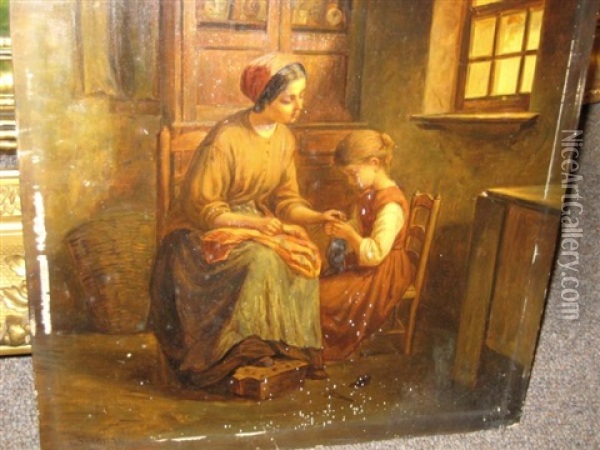 Interior With Mother And Child Knitting Oil Painting - Paul Seignac