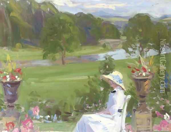 Jean Cadell at Dalserf, seated in a white dress Oil Painting - Francis Campbell Boileau Cadell