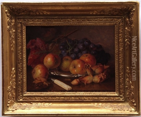Still Life Study Of Apples And Grapes On A Silver Plate Oil Painting - Eloise Harriet Stannard