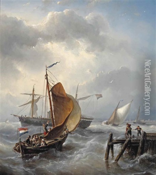Ships Near The Harbour Entrance Oil Painting - Nicolaas Riegen