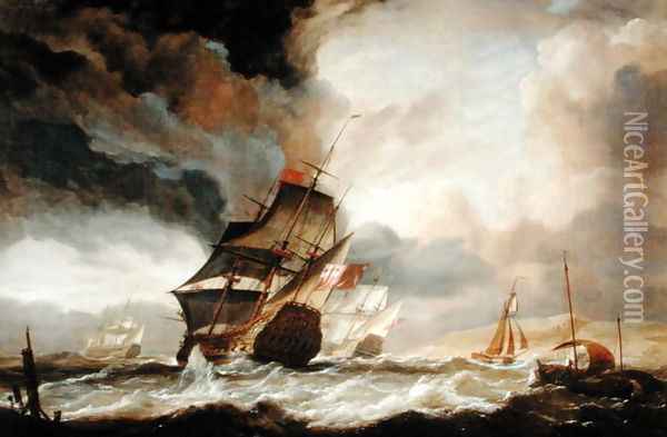 Ships of the Line Beating out to Sea Oil Painting - John Christian Schetky