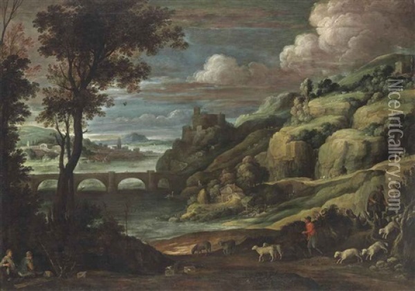 An Extensive Landscape With A Castle On A Hill Above A Bridge, With Shepherds On A Path And Birdcatchers Resting In The Foreground Oil Painting - Paul Bril