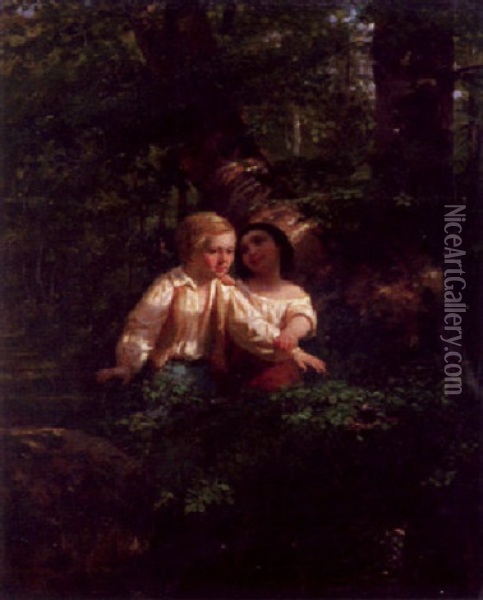 Zwei Kinder Entdecken Ein Vogelnest Im Wald Oil Painting - Rosa Bonheur