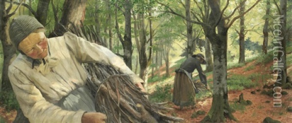 Allegories Of The Four Seasons: Les Lavandieres; La Moisson; Les Vendages; And Les Fagotteuses Oil Painting - Georges-Marie-Julien Girardot