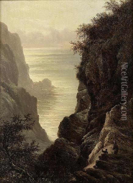 Figures Beside A Waterfall; Figures By A Rocky Coast Oil Painting - Walter Williams