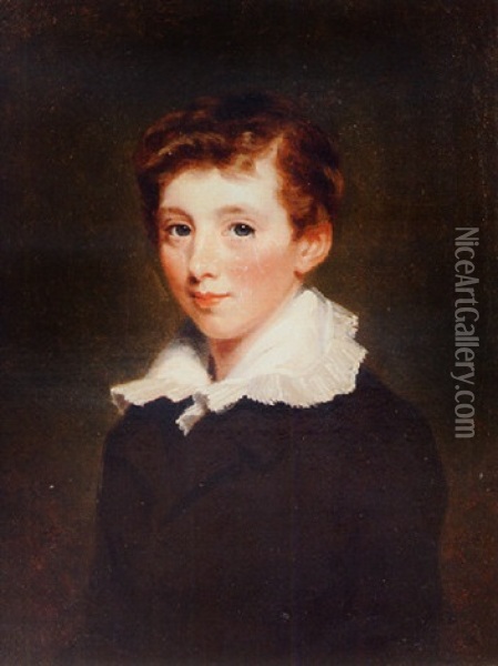 Portrait Of A Young Boy Wearing A Brown Coat And A White Lace Collar Oil Painting - William Owen