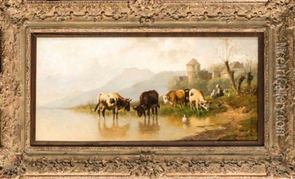 Weidende Kuhe Am Bergsee Mit Enten, Einer Magd Mit Kind U. Wasserturm Im Hintergr. Oil Painting - Christian Friedrich Mali