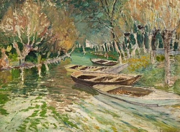 Boats At Anchor On A Stream Oil Painting - Vaclav Radimsky