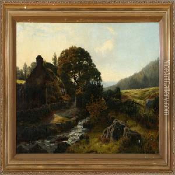 Summer Landscape With A Thatched House At A Stream Oil Painting - James Whaite