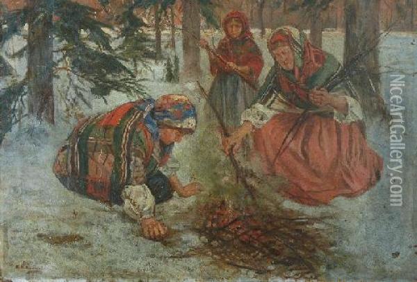Kobiety Przy Ognisku Oil Painting - Wincenty Wodzinowski