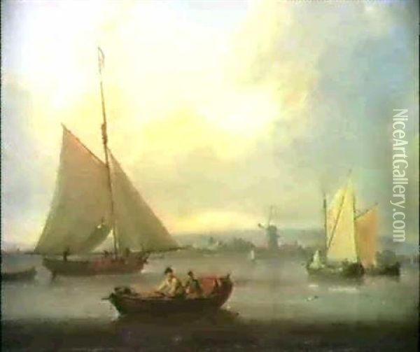 Shipping On An Estuary, A Windmill Beyond;                  Fishing Vessels On An Estuary Oil Painting - William Anderson