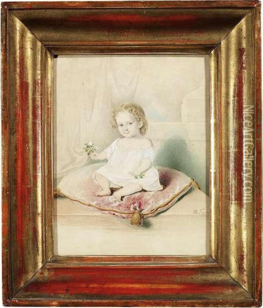 Portrait Of A Child Sitting On A Red Pillow Oil Painting - Leopold Fischer