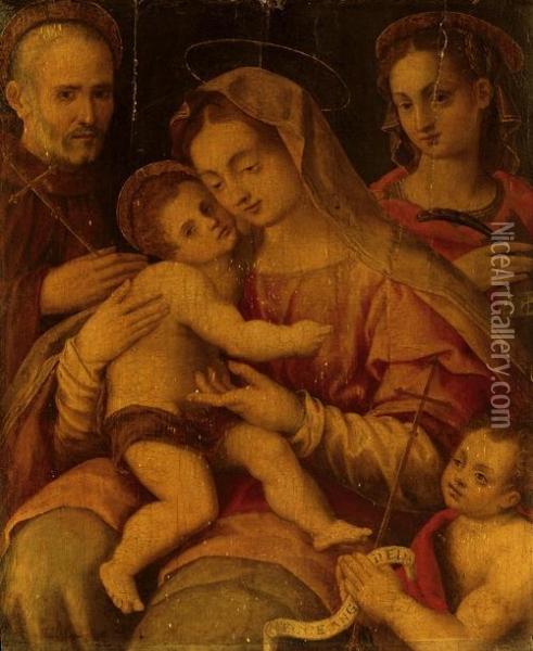 La Vergine Con Il Bambino E I Santi Caterina, Giovanni Gualberto E Giovannino Oil Painting - Francesco Brini Active Florence