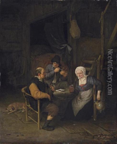 An Interior With Two Boors And A Woman Conversing, Smoking Anddrinking At A Table Oil Painting - Adriaen Jansz. Van Ostade