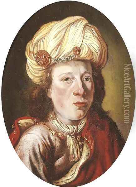 Portrait of a young man, small bust-length, in oriental costume Oil Painting - Isaac De Joudreville