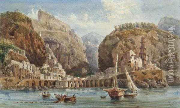 Fishing At Atrani On The Amalfi Coast Oil Painting - Giovanni Giordano Lanza