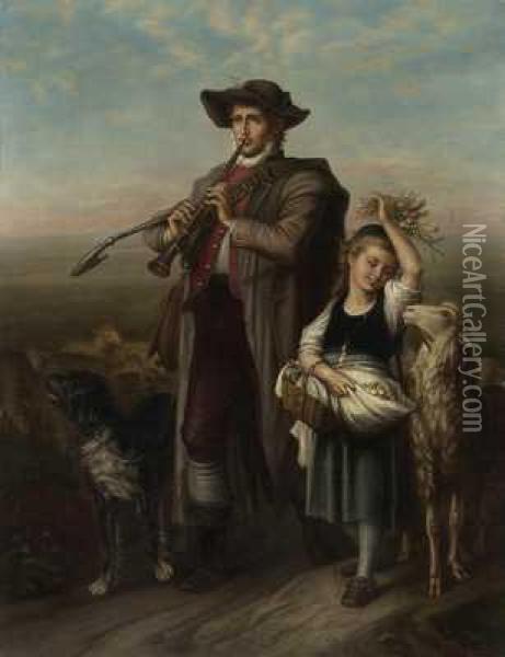 Musizierender Schafhirte Mit Tochter Oil Painting - Joseph Krieger