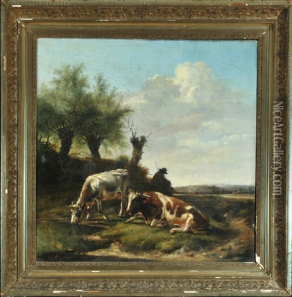 Hirte Mit Zwei Kuhen Auf Der Weide Oil Painting - Hendrik Stokvisch