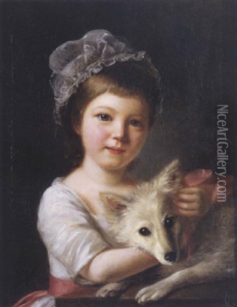 Portrait Of A Girl With Her Dog In A White Dress With A Pink Sash Oil Painting - Nathaniel Hone the Elder