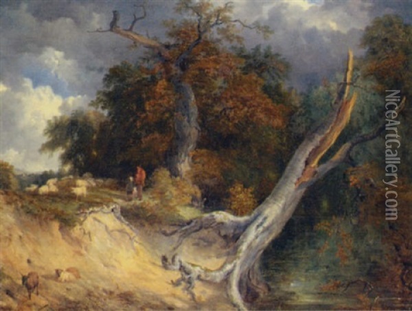 Figures And Sheep In A Wooded Landscape Oil Painting - Frederick Richard Lee