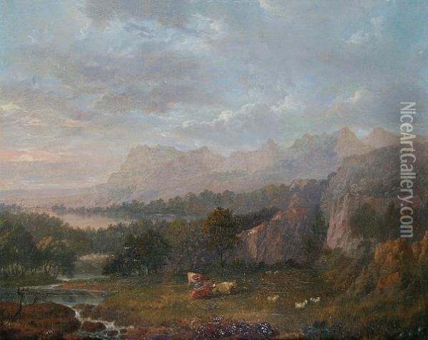 A Lakeland Landscape With Cattle And Sheep Grazing By A River Oil Painting - Charles Towne