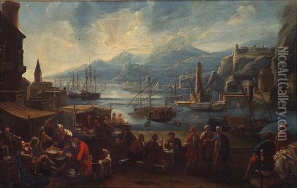 A Capriccio Harbor View With Numerous Figures (+ A Market Scene; Pair) Oil Painting - Pietro Maurizio Bolckman
