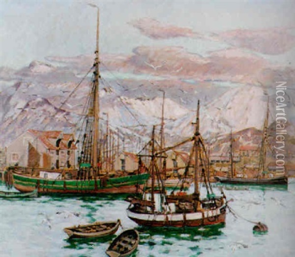 Hamnbild I Lofoten Oil Painting - Rikard Lindstroem