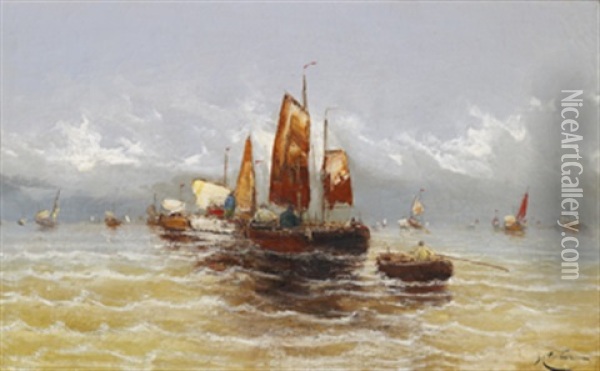 Segelbatar I Lagunen Oil Painting - Georg Fischhof