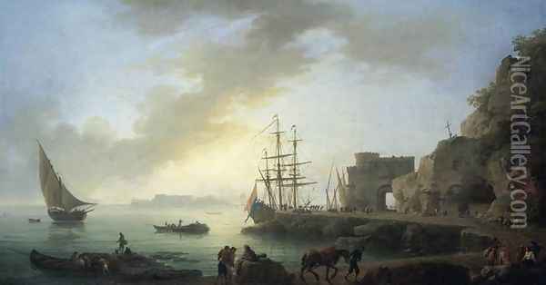 Mediterranean Port at Dawn c. 1750 Oil Painting - Claude-joseph Vernet