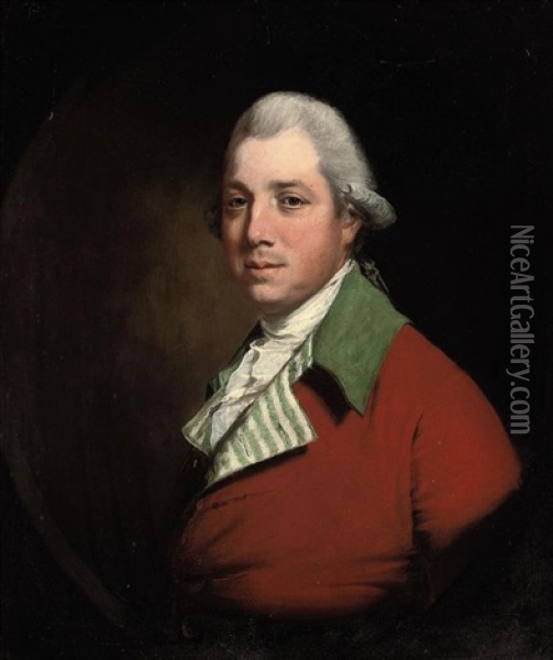 Portrait Of Sir Henry Dashwood Peyton, Bt., In A Red Coat With A Green Collar And Striped Facings Oil Painting - Thomas Beach