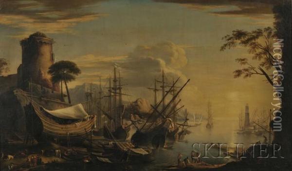 View Of A Seaport With Galleons In The Harbor Oil Painting - Claude-joseph Vernet