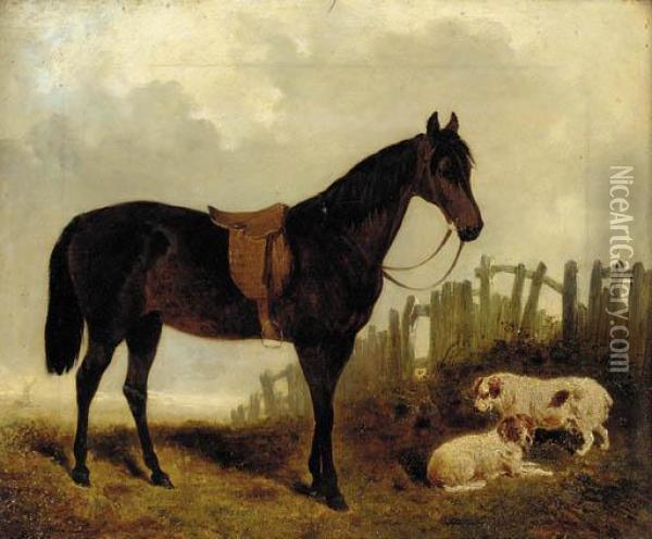 A Saddled Dark Brown Hunter With Two Dogs In A Landscape Oil Painting - John Frederick Herring Snr