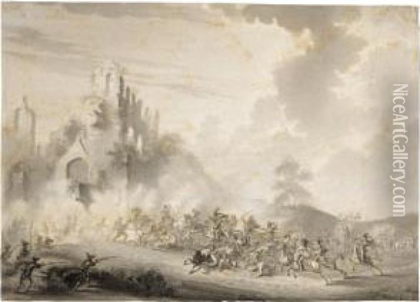 A Cavalry Skirmish Near Ruins Oil Painting - Dirck Langendijk