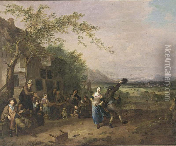 A Couple Dancing, Other Figures Watching And Sitting Outside An Inn Oil Painting - Gillis de Winter