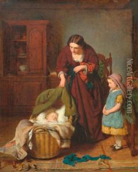 Interior With Mother And Two Children Oil Painting - George Smith