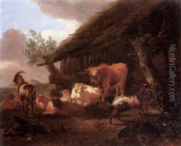 Cattle, Sheep And Goats Resting Before A Stall Oil Painting - Willem Romeyn