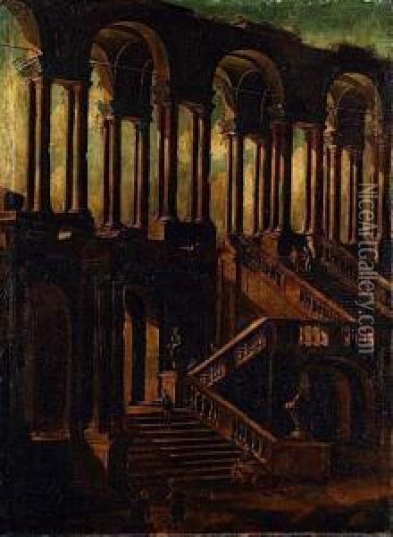 Colonnade Et Escalier Anime De Personnages Dans Un Palais Classique Oil Painting - Vittorio Maria Bigari