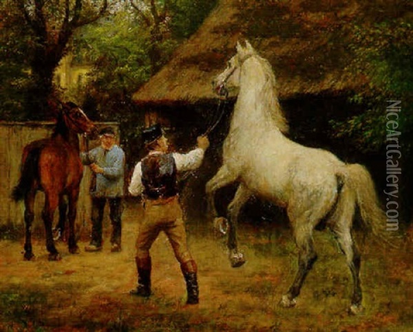 Covering A Mare Oil Painting - Otto Bache