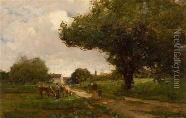 The Road To Bourron. Landscape With Cattle, Roadway And Tree Oil Painting - Nathaniel Hone the Younger