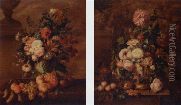 Roses, Carnations, Tulips And Other Flowers In An Urn With Fruit On A Ledge Oil Painting - Georgius Jacobus Johannes van Os