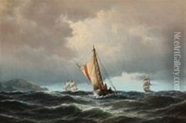 Sailing Ships At Sea In Stormy Weather Oil Painting - Carl Ludwig Bille