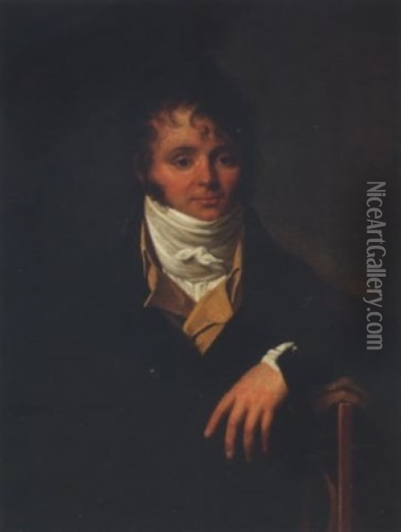 Portrait Of A Gentleman In A Dark Blue Coat, A Yellow Waistcoat With A White Cravat Oil Painting - Louis Gauffier