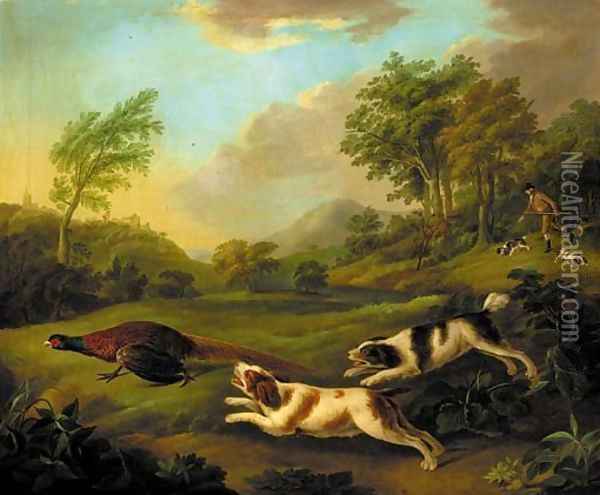 A huntsman with spaniels chasing a pheasant Oil Painting - Stephen Elmer