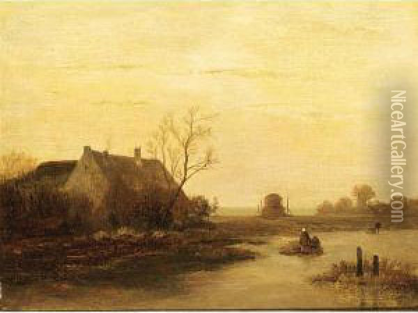 Woodgatherers On A Frozen Waterway Oil Painting - Johannes Franciscus Hoppenbrouwers