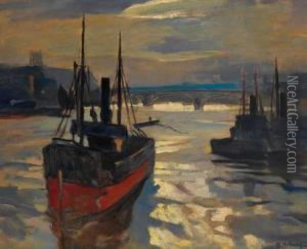 Die Themse Mit Tower Bridge Und Schiffen Oil Painting - Rudolf Hellwag