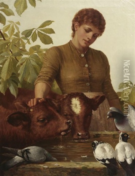 Junge Bauerin Mit Zwei Kalbern Am Brunnen Oil Painting - Robert B. Farren