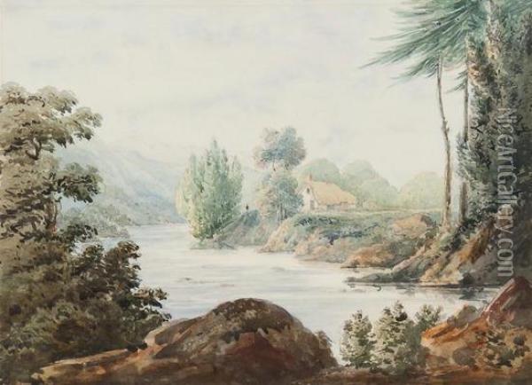 A River Landscape With A Distant Figure Alongside A Small Cottage Oil Painting - John Baverstock Knight