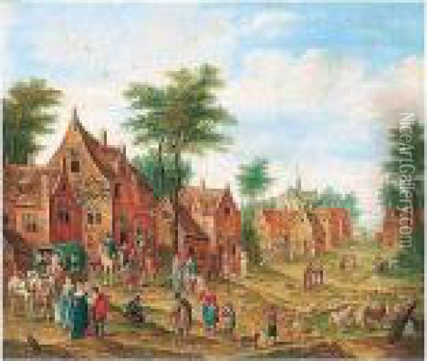 Village Scene With Numerous Figures And A Waggon Oil Painting - Karel Beschey