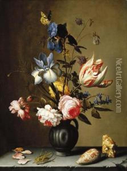 Irises, Roses, Columbine Oil Painting - Balthasar Van Der Ast